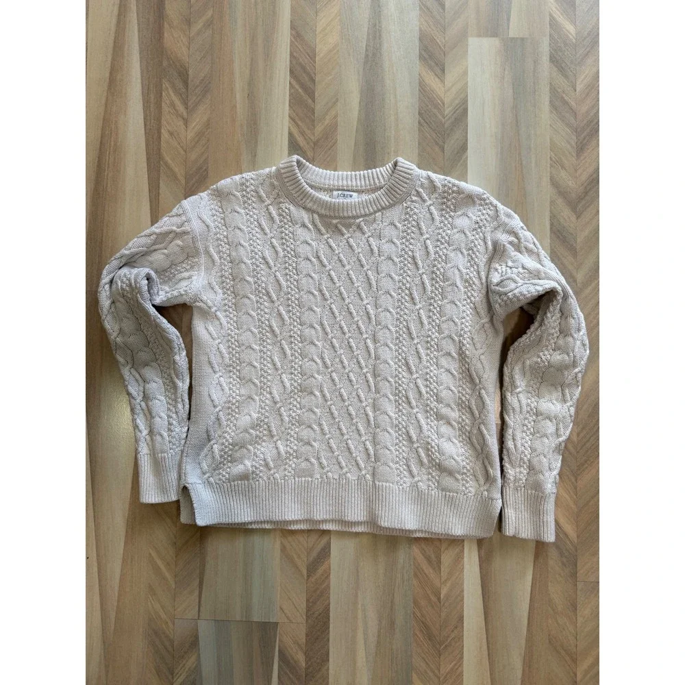 J Crew womens Small Cream Beige 100% Cotton Cable Knit Crewneck Sweater - Picture 1 of 7